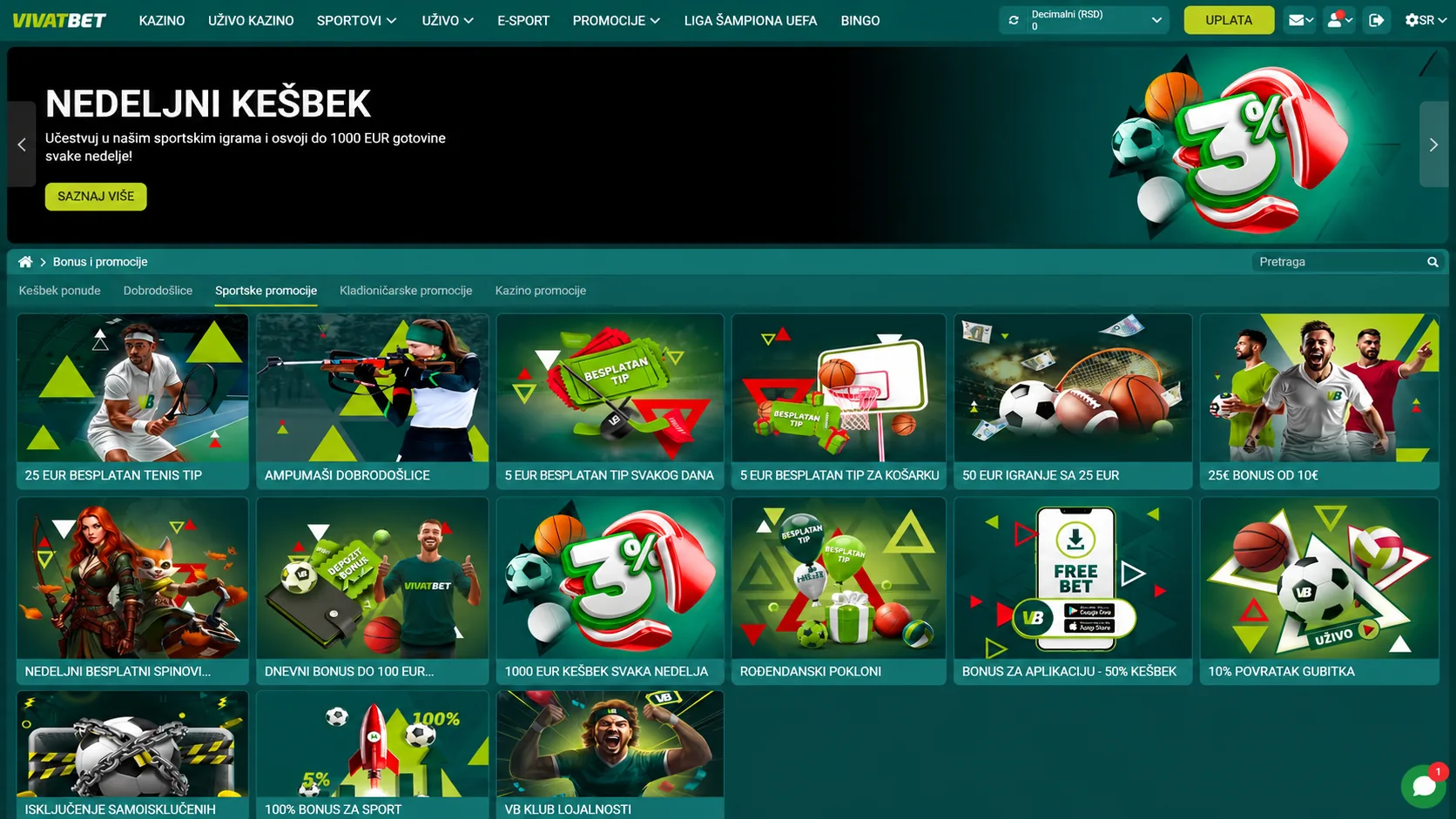 Vivatbet promocije i bonus kartice u desktop lobby prikazu